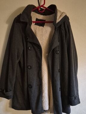 Dark Gray Sherpa-Lined Hooded Pea Coat